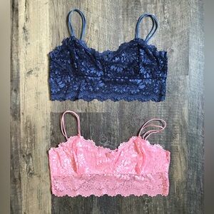 Set of 2 Floral Scalloped Lace Split Strap Bralettes | Pink Navy | NWOT